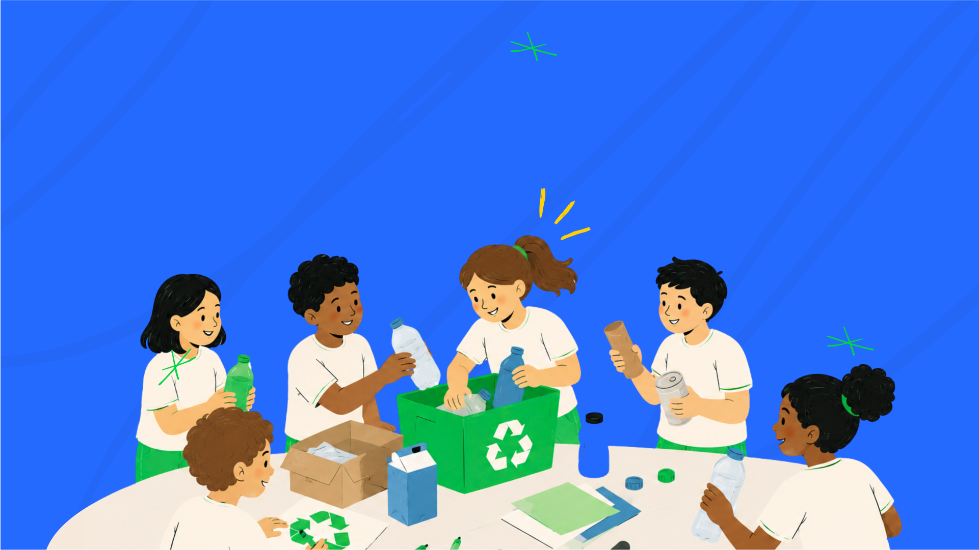 Crianças separando materiais recicláveis na escola